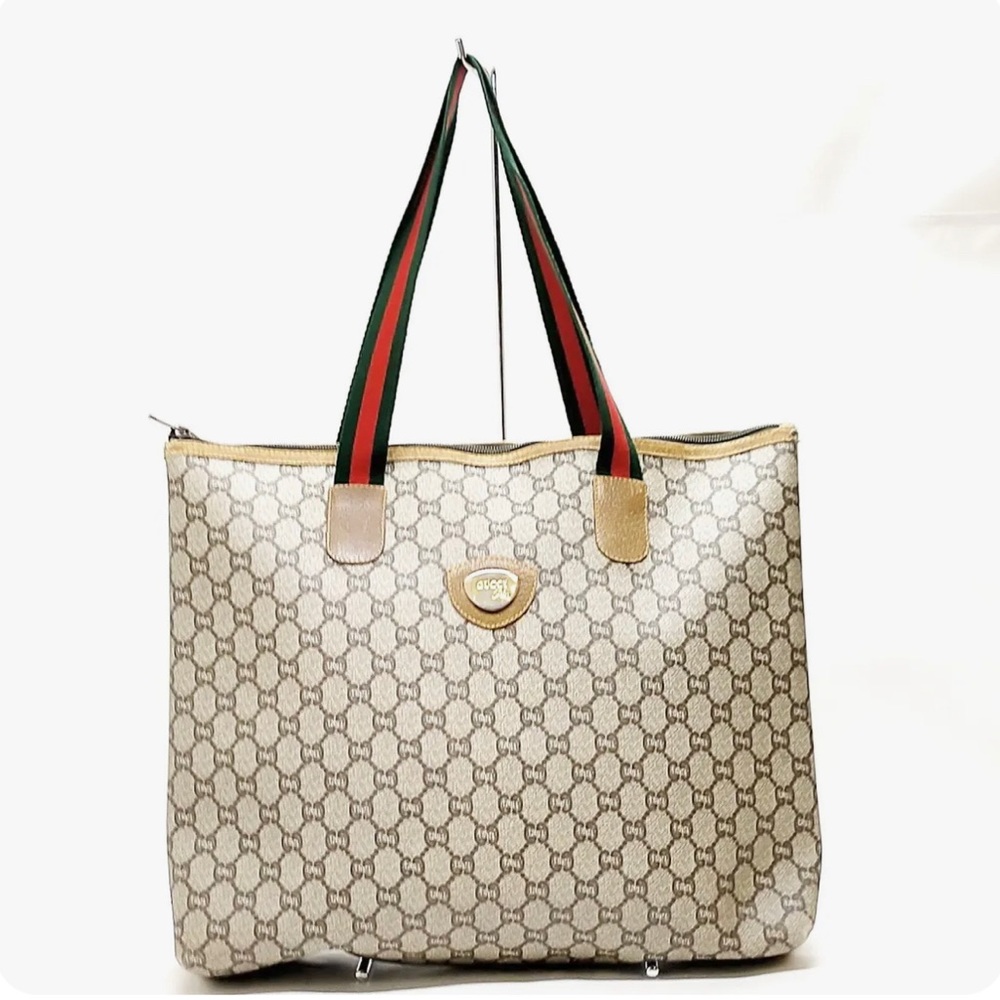 Authentic Vintage Gucci Plus Tote Bag Gucci Monogram GG Brown Sherry  Tote Bag.